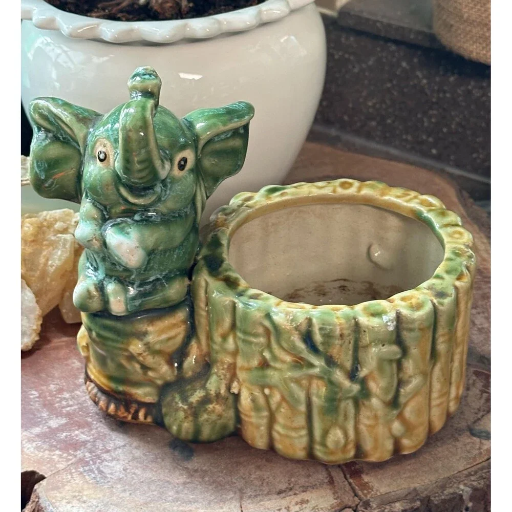 Vintage Ceramic Elephant Planter | Green Glazed Elephant & Bamboo Pot | Boho Jun